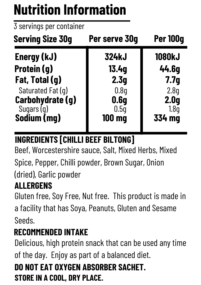 Beef Biltong Hot n Spicy Nutritional Information