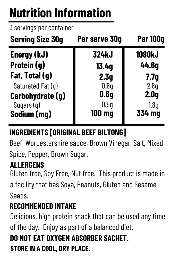 Original Beef Biltong Nutritional Information