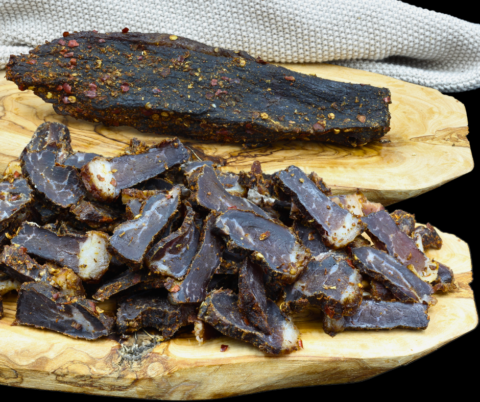 Beef Biltong Hot n Spicy on wooden board